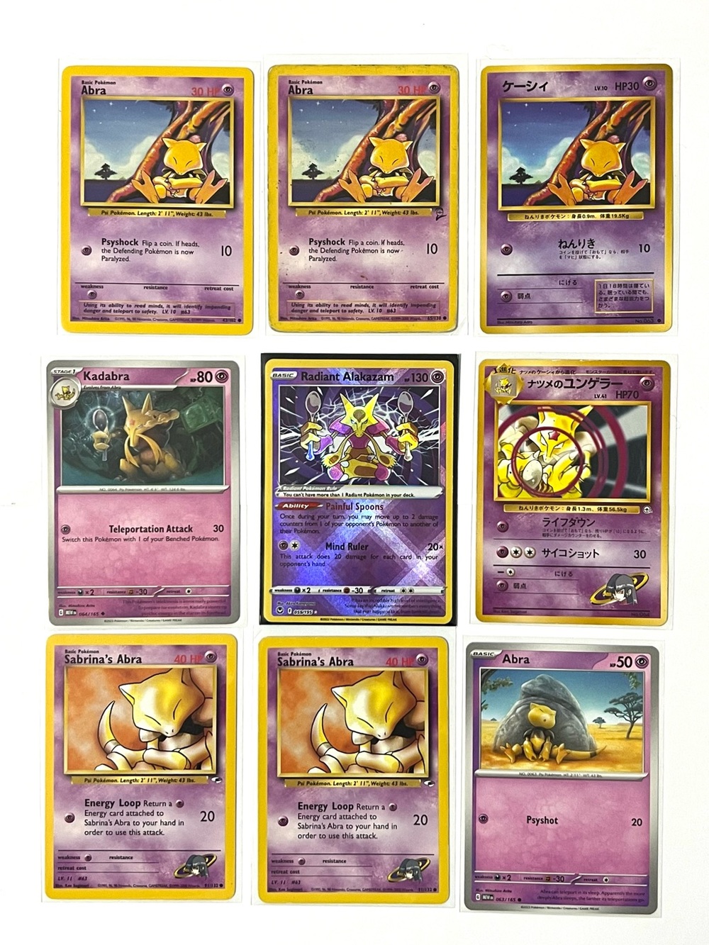 Set of 9 Abra, Kadabra, Alakazam Radiant Japanese Vintage Pokémon Cards. NM-MP